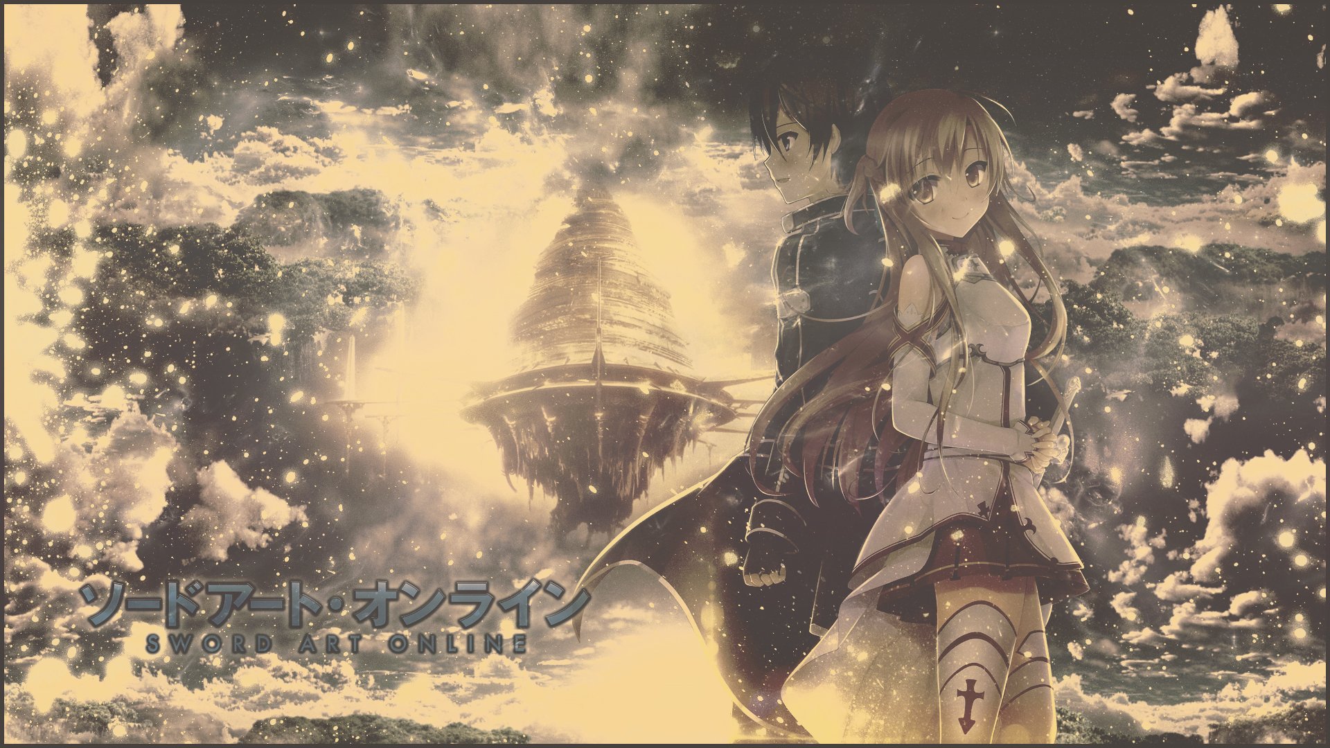 A stunning HD desktop wallpaper featuring Asuna Yuuki and Kazuto Kirigaya from the anime Sword Art Online, set against an ethereal, dreamlike background.