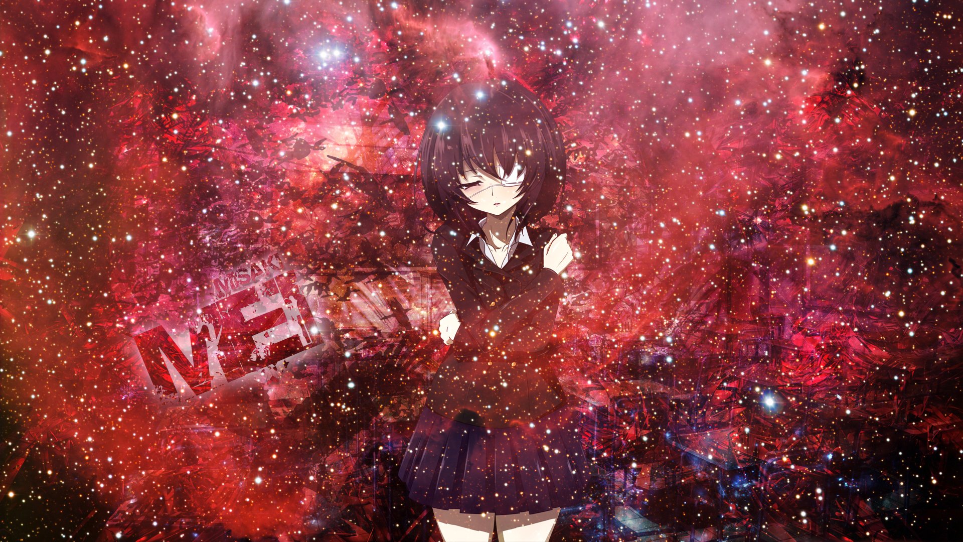 A striking HD wallpaper featuring Mei Misaki from the anime Another, set against a vibrant, cosmic background filled with swirling colors and textures.