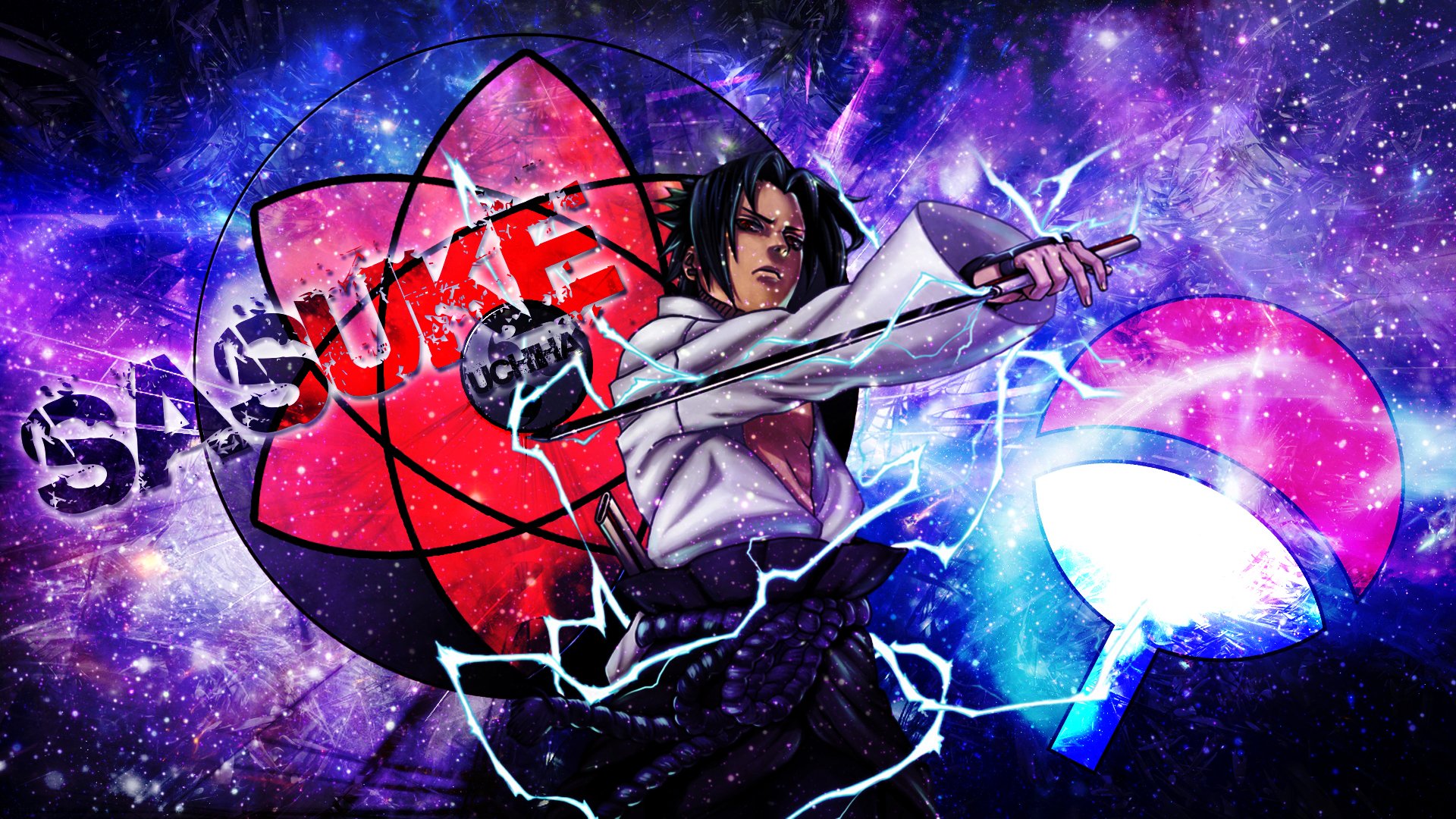 An HD desktop wallpaper featuring Sasuke Uchiha from the anime Naruto, showcasing vibrant colors, lightning effects, and a striking background inspired by the series.