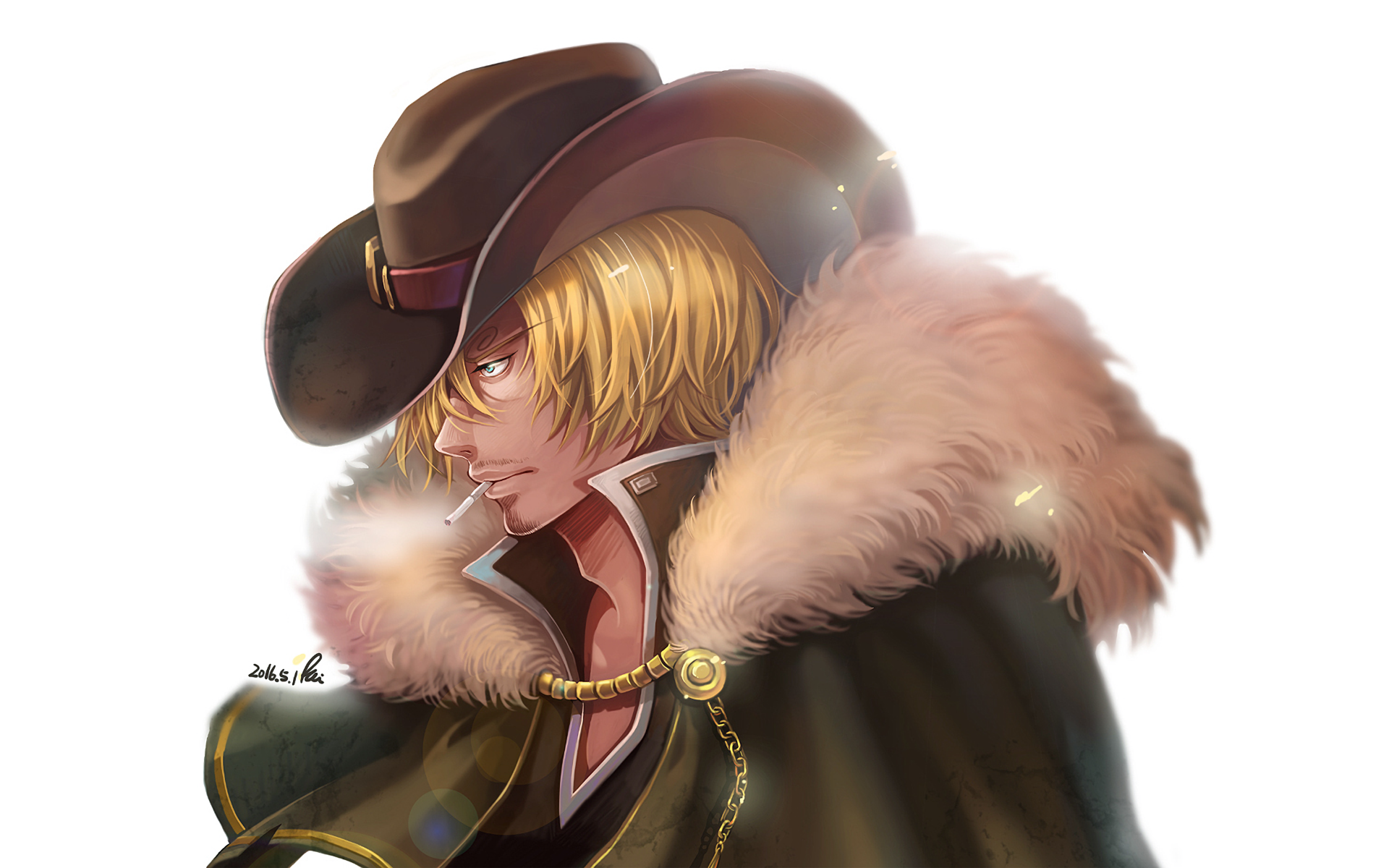 A high-definition desktop wallpaper featuring Sanji from One Piece, depicted in an elegant outfit with a fur coat and hat, capturing his distinctive anime style.
