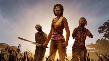 HD PC desktop wallpaper featuring Michonne from The Walking Dead: Michonne, standing ready with her katana amid two approaching zombies at sunset.