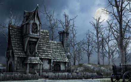 HD fantasy desktop wallpaper depicting a dark, abandoned haunted house surrounded by leafless trees under a cloudy night sky with a full moon.