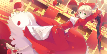 A captivating HD wallpaper featuring Red Saber from Fate/Extra, adorned in a striking red dress, surrounded by falling rose petals and a vibrant backdrop.