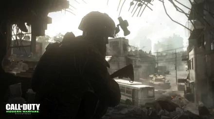 Call of Duty: Modern Warfare Remastered 2K Quad HD PC desktop wallpaper depicting a silhouetted soldier aiming a rifle through a smoky, debris-filled urban warzone.