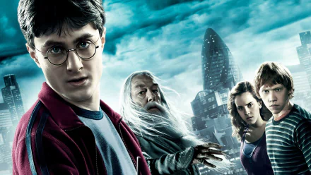 HD PC desktop wallpaper featuring main characters from the movie Harry Potter and the Half-Blood Prince against a dark, magical cityscape background.