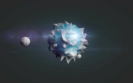 A low poly, abstract planet with facets is set against a dark background, accompanied by a small moon. This vibrant design serves as an HD desktop wallpaper.