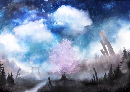 Anime-style HD desktop wallpaper featuring a serene landscape with a blooming pink tree, misty forest, ancient ruins, and a bright, cloudy sky.