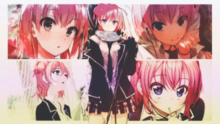 HD wallpaper featuring Yui Yuigahama from the anime My Teen Romantic Comedy SNAFU, showcasing various expressions and poses in a vibrant collage.