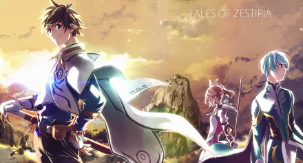 A vibrant HD wallpaper from Tales of Zestiria the X, featuring the characters Sorey, Mikleo, and Alisha Diphda against a stunning landscape.