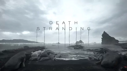 A visually striking HD wallpaper featuring the game Death Stranding, showcasing a desolate landscape with mysterious elements and the title prominently displayed.
