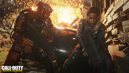 4K Ultra HD PC wallpaper from Call of Duty: Infinite Warfare featuring intense combat between two armored soldiers in a fiery, explosive environment.