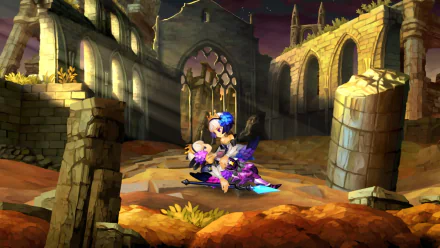HD desktop wallpaper from Odin Sphere Leifthrasir featuring a character in a fantasy landscape with ruins and gothic architecture.