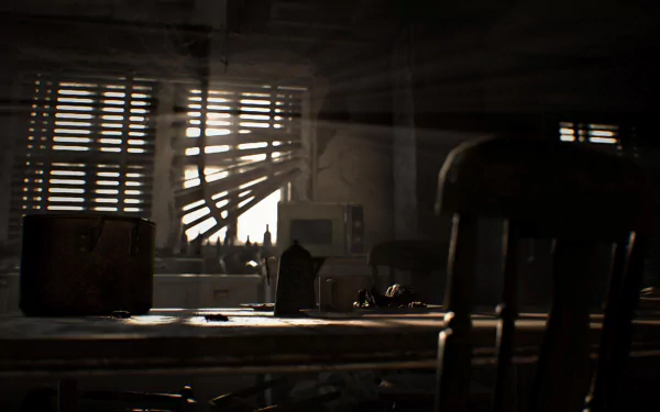 HD PC desktop wallpaper/background from the video game Resident Evil 7: Biohazard, showing a dim, dust-filled kitchen with slatted light, cluttered table, radio and an eerie survival-horror mood.