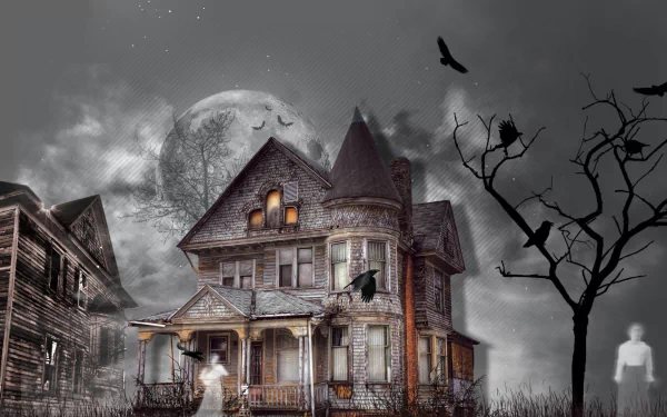 Dark HD wallpaper featuring a haunted house with a ghost on the porch, a raven perched on a bare tree, and a gloomy Halloween atmosphere.