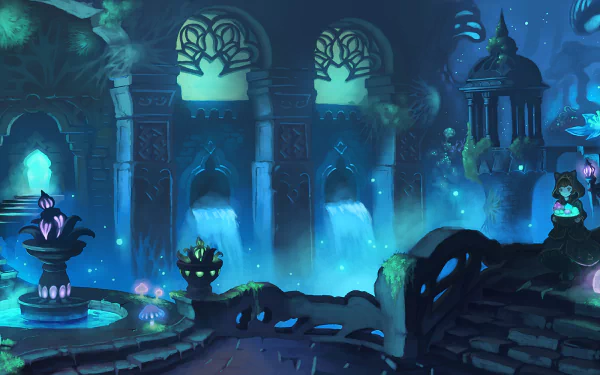 Fantasy anime scene featuring glowing blue and green hues, mystical architecture, and a serene water setting, captured as an original HD PC desktop wallpaper.