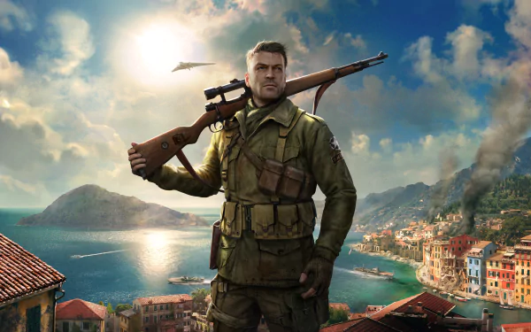 8K Ultra HD PC wallpaper featuring a Sniper Elite 4 soldier standing with a sniper rifle against a coastal Mediterranean backdrop under a partly cloudy sky.