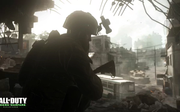 Call of Duty: Modern Warfare Remastered 2K Quad HD PC desktop wallpaper depicting a silhouetted soldier aiming a rifle through a smoky, debris-filled urban warzone.