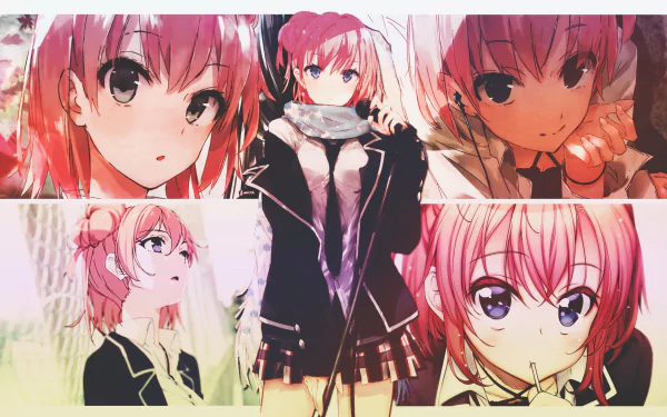 HD wallpaper featuring Yui Yuigahama from the anime My Teen Romantic Comedy SNAFU, showcasing various expressions and poses in a vibrant collage.