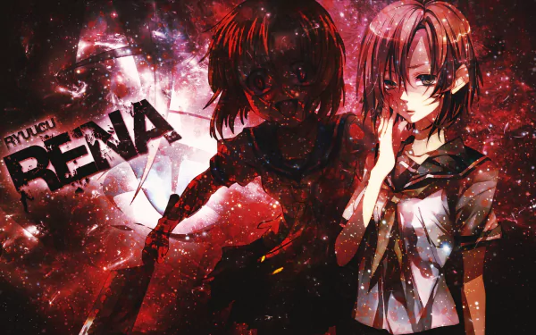 HD PC desktop wallpaper featuring Rena Ryūgū from the anime Higurashi When They Cry, with a dark, intense red and black color scheme.