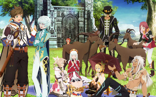 A vibrant HD wallpaper featuring characters from Tales of Zestiria the X, including Sorey, Mikleo, and Lailah, amidst a lush background with goats and a mystical structure.