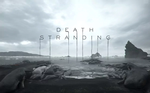 A visually striking HD wallpaper featuring the game Death Stranding, showcasing a desolate landscape with mysterious elements and the title prominently displayed.