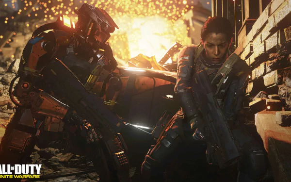 4K Ultra HD PC wallpaper from Call of Duty: Infinite Warfare featuring intense combat between two armored soldiers in a fiery, explosive environment.