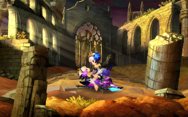 HD desktop wallpaper from Odin Sphere Leifthrasir featuring a character in a fantasy landscape with ruins and gothic architecture.