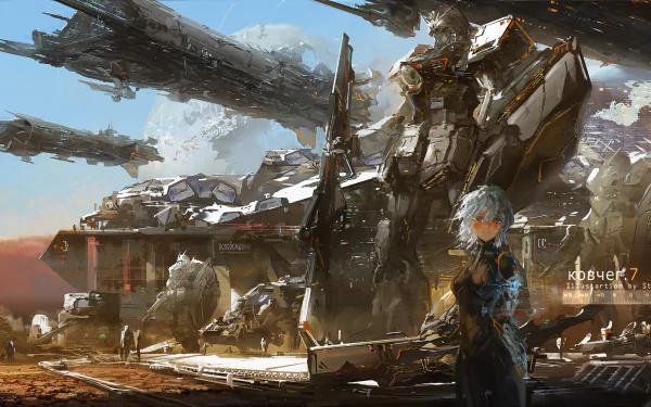 A stunning HD anime sci-fi wallpaper featuring a futuristic landscape with towering mechs, spacecraft, and a lone character, evoking a sense of adventure and exploration.