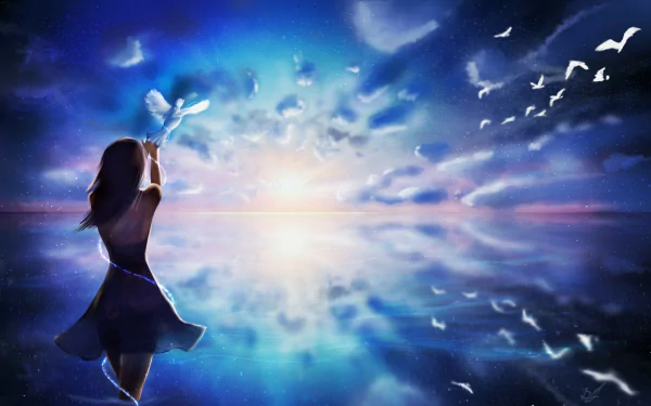 A serene anime scene featuring a girl in a dress holding a dove, surrounded by a reflective ocean and a vibrant horizon filled with clouds and flying birds. HD desktop wallpaper.