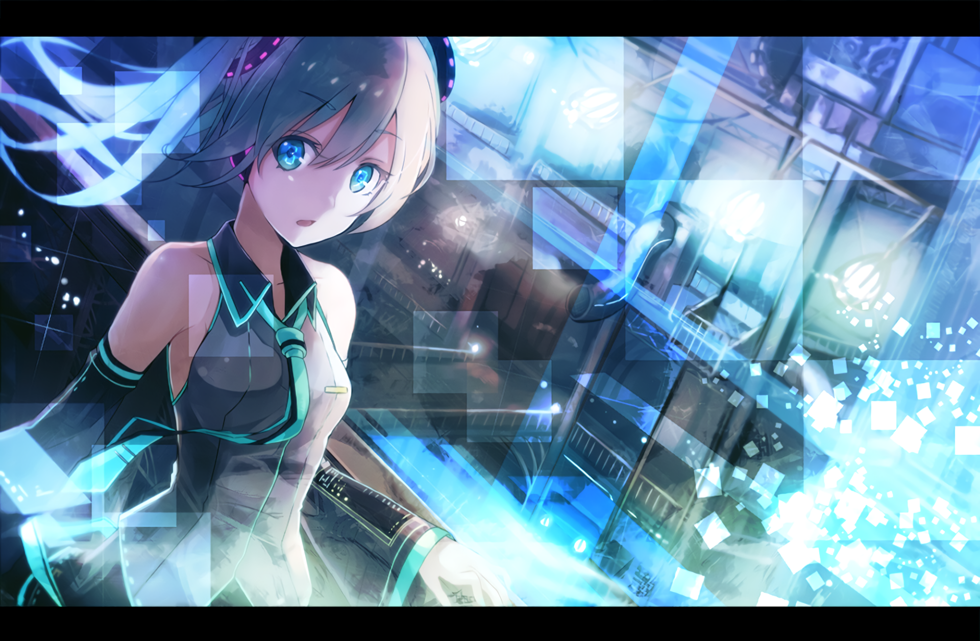 A vibrant HD wallpaper featuring Hatsune Miku, the popular Vocaloid character, surrounded by dynamic abstract elements and glowing effects in an anime-inspired setting.