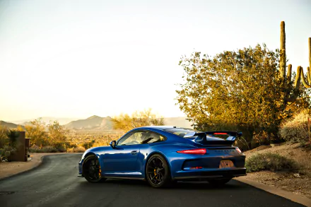 A blue Porsche 911 GT3 sports car parked on a desert road, surrounded by cacti and trees, showcased in a 4K Ultra HD wallpaper background.