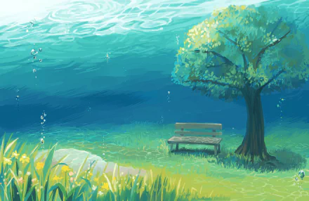 A serene underwater scene featuring a bench beside a lush tree, surrounded by gently swaying grass and sparkling bubbles, creating a peaceful and enchanting atmosphere.