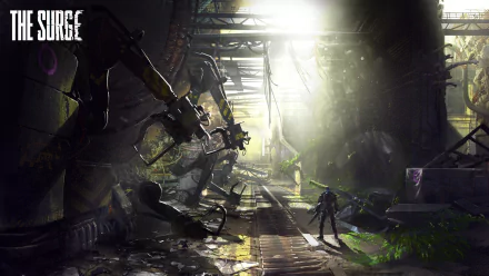 HD PC desktop wallpaper featuring a dystopian industrial scene from the video game The Surge, with a lone figure standing amidst towering robotic machinery.