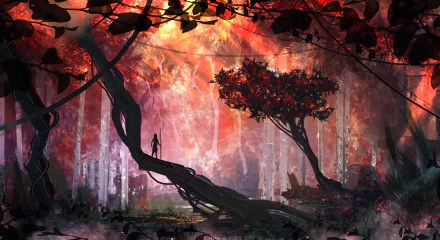A vibrant fantasy forest scene featuring a lone figure among twisting trees, illuminated by an ethereal glow, creating a captivating HD desktop wallpaper and background.