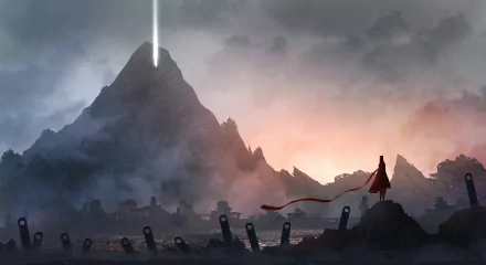 A breathtaking mountain landscape from a video game, featuring a figure with a flowing red scarf gazing towards a radiant beam of light piercing the sky, evoking a sense of journey and adventure.