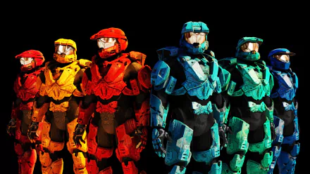HD PC desktop wallpaper featuring Spartan soldiers from the Halo video game series in red, yellow, blue, and teal armor against a black background.