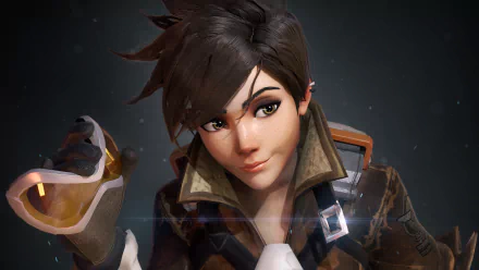 HD desktop wallpaper showcasing Tracer, a character from the video game Overwatch, in a detailed and dynamic pose.