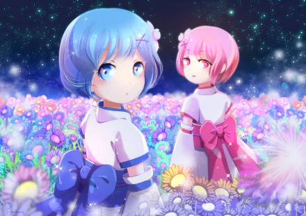 A high-definition desktop wallpaper featuring Ram and Rem from Re:Zero - Starting Life in Another World standing in a vibrant flower field under a starry night sky. Both have short hair and large, expressive eyes.