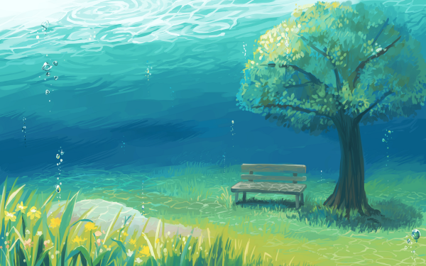 Anime Underwater Tree Bench HD Wallpaper | Background Image