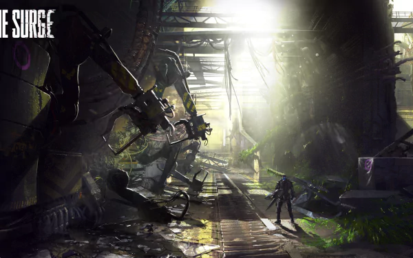 HD PC desktop wallpaper featuring a dystopian industrial scene from the video game The Surge, with a lone figure standing amidst towering robotic machinery.