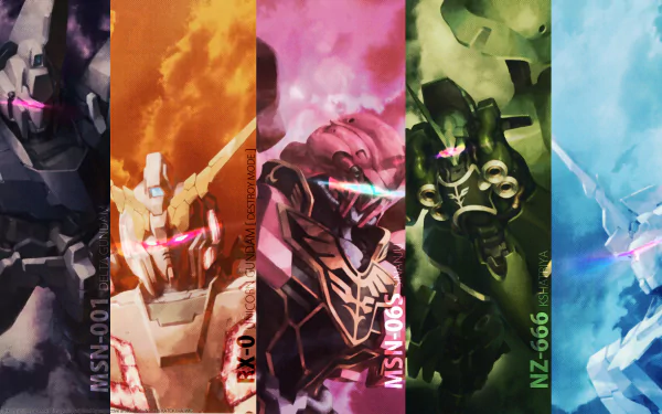 HD PC desktop wallpaper of Mobile Suit Gundam Unicorn (anime): five vertical panels featuring different Gundam mobile suits in vivid orange, pink, green, blue and dark tones.