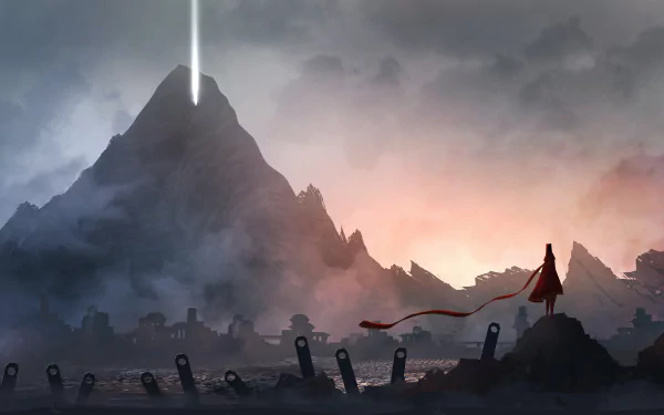 A breathtaking mountain landscape from a video game, featuring a figure with a flowing red scarf gazing towards a radiant beam of light piercing the sky, evoking a sense of journey and adventure.