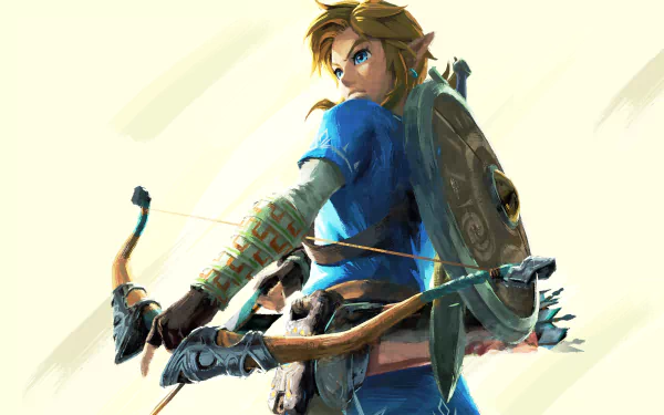 HD desktop wallpaper featuring Link from the video game The Legend of Zelda: Breath of the Wild, showcasing his iconic bow and shield in a vibrant and dynamic pose.