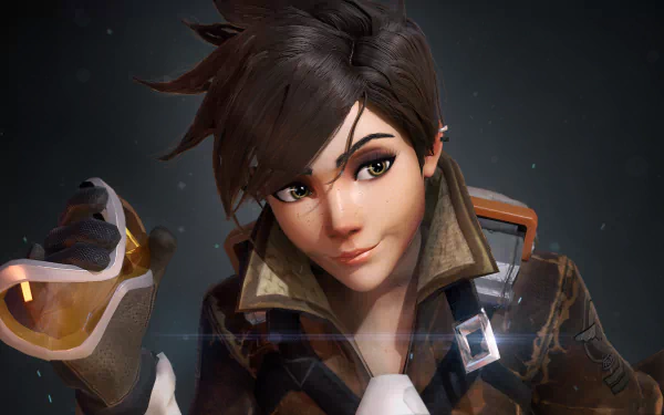 HD desktop wallpaper showcasing Tracer, a character from the video game Overwatch, in a detailed and dynamic pose.