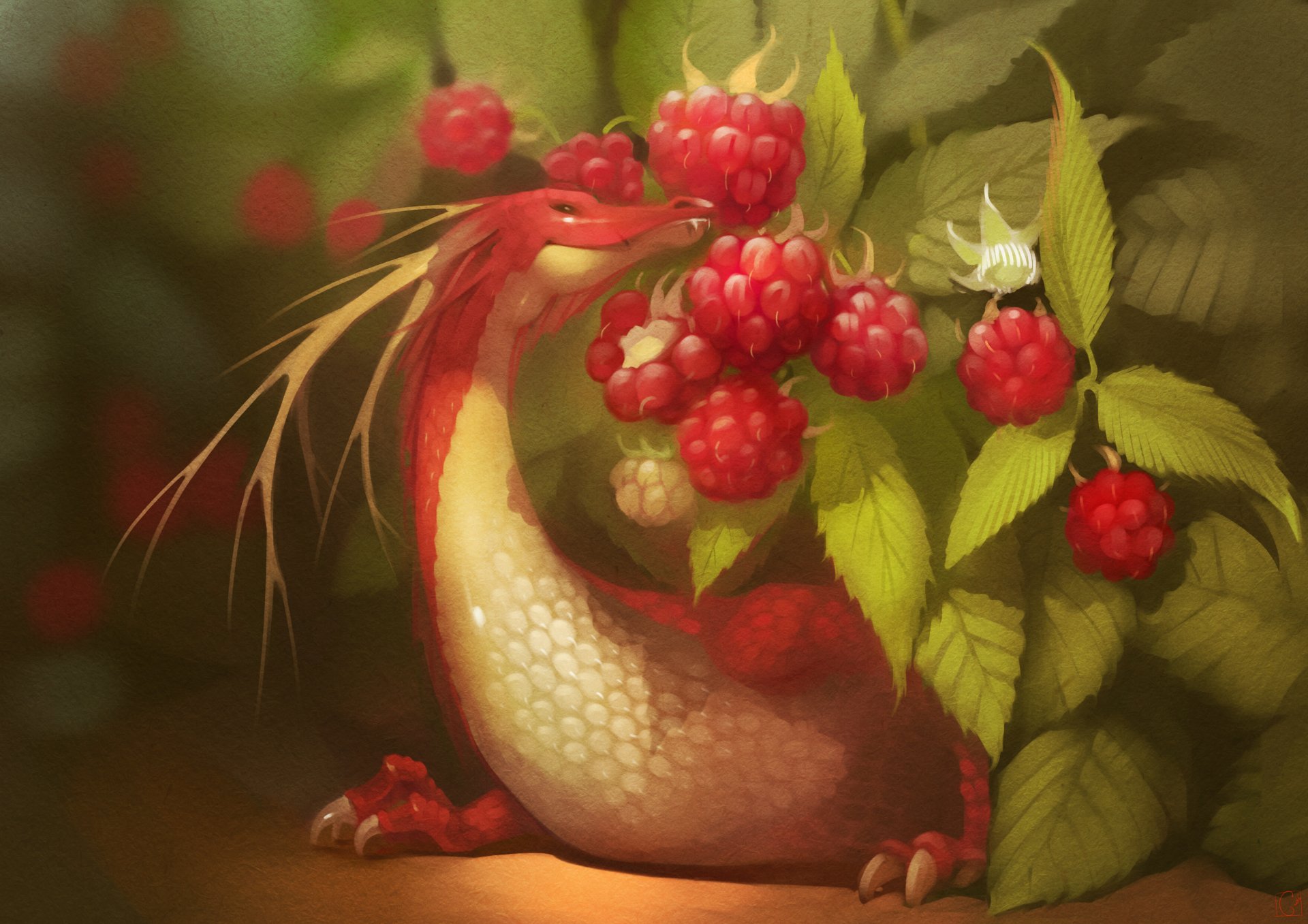 A whimsical red dragon gently interacting with ripe raspberries on a leafy branch, captured in a detailed HD fantasy desktop wallpaper.