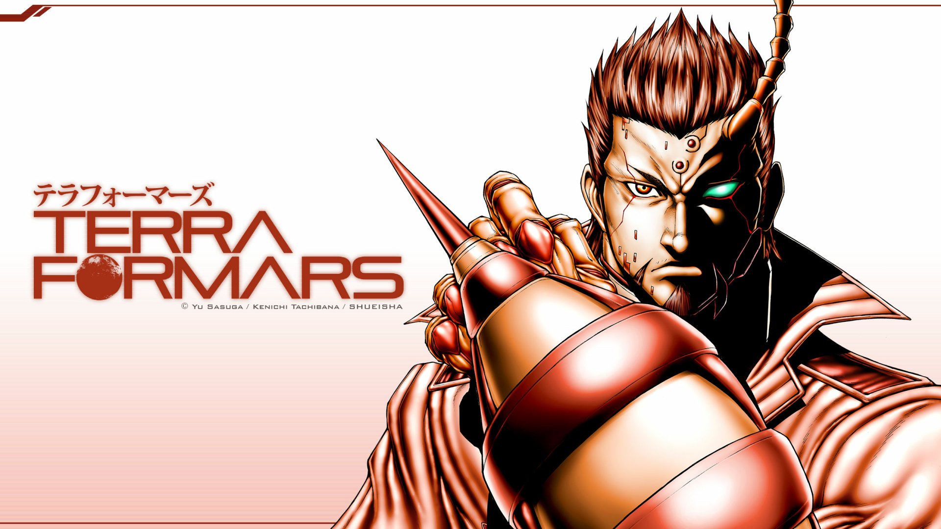 High-definition wallpaper featuring Komachi Shokichi from the anime Terra Formars, showcasing a dynamic pose with a distinctive weapon and bold colors.