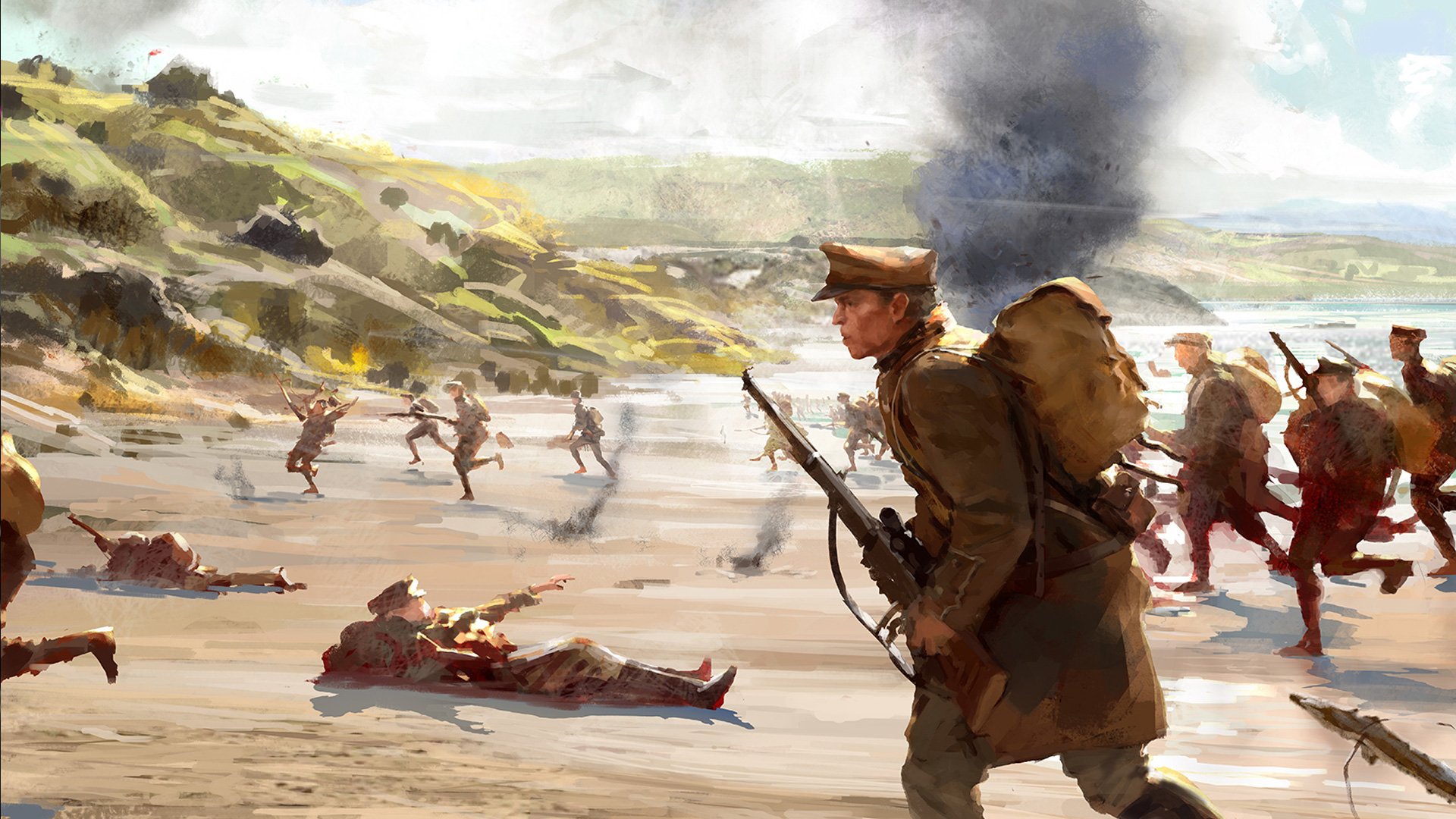 A dramatic scene from Battlefield 1, depicting soldiers advancing on a beach amidst smoke and chaos, serves as an engaging HD desktop wallpaper.