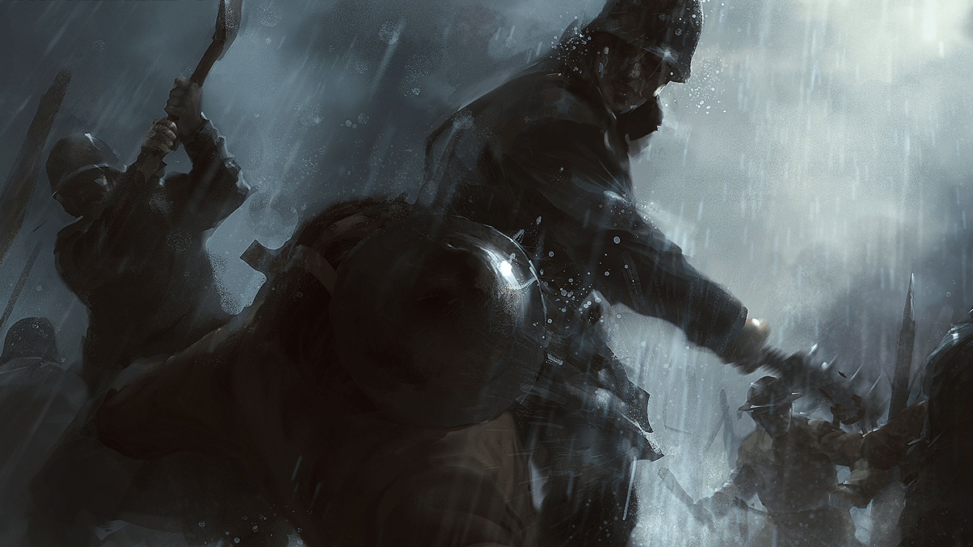 HD wallpaper depicting a dramatic scene from Battlefield 1, featuring soldiers engaged in battle amidst rain and turmoil, capturing the intensity of warfare.
