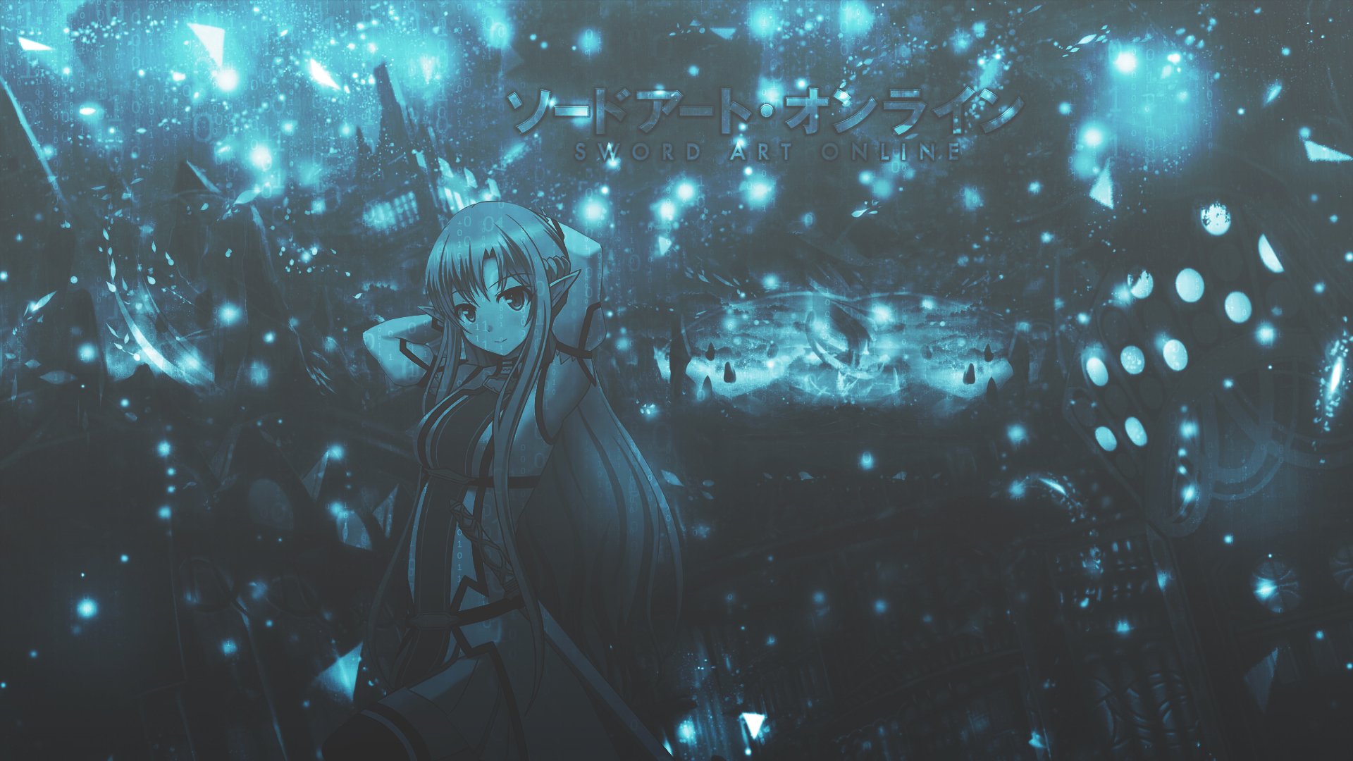 HD PC desktop wallpaper featuring Asuna Yuuki from the anime Sword Art Online, surrounded by glowing blue lights and a dynamic, ethereal background.