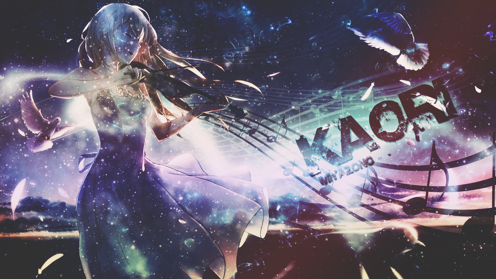 A vibrant HD wallpaper featuring Kaori Miyazono from Your Lie in April, surrounded by swirling colors and musical notes, capturing her spirit and connection to music.